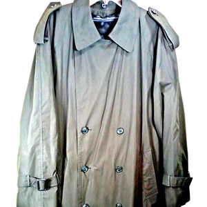 VTG London Fog Overcoat Double Breasted Trench Size 42R Green No Waist Belt
